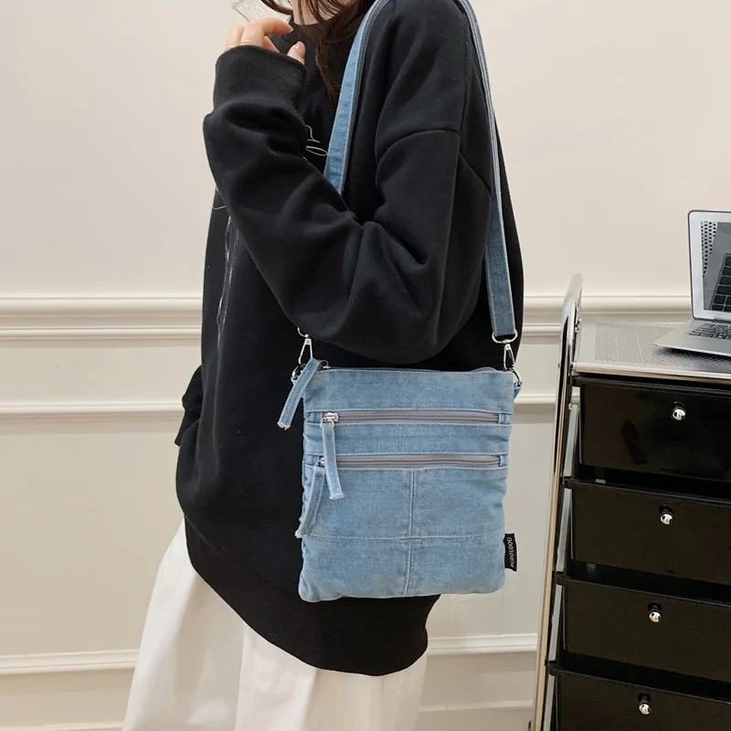 Women Denim Shoulder 3 Layers Two Sided Capacity Strap Adjustable Crossbody Fashion Messenger Bags Casual Travel Bag