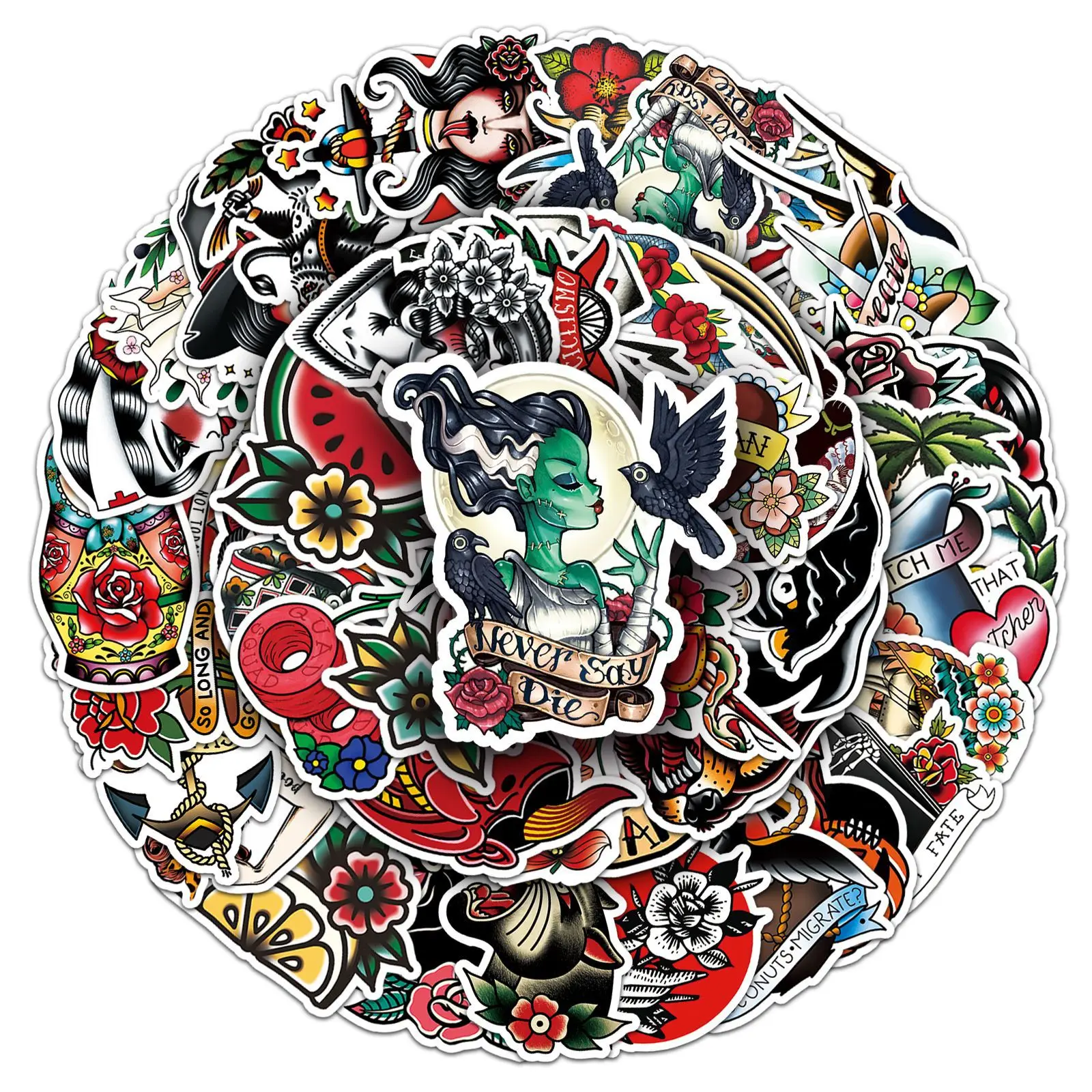 50PCS Personality Colorful Tattoo Cartoon Graffiti Sticker DIY Phone Laptop Luggage Cup Skateboard Graffiti Decals Fun for Kid
