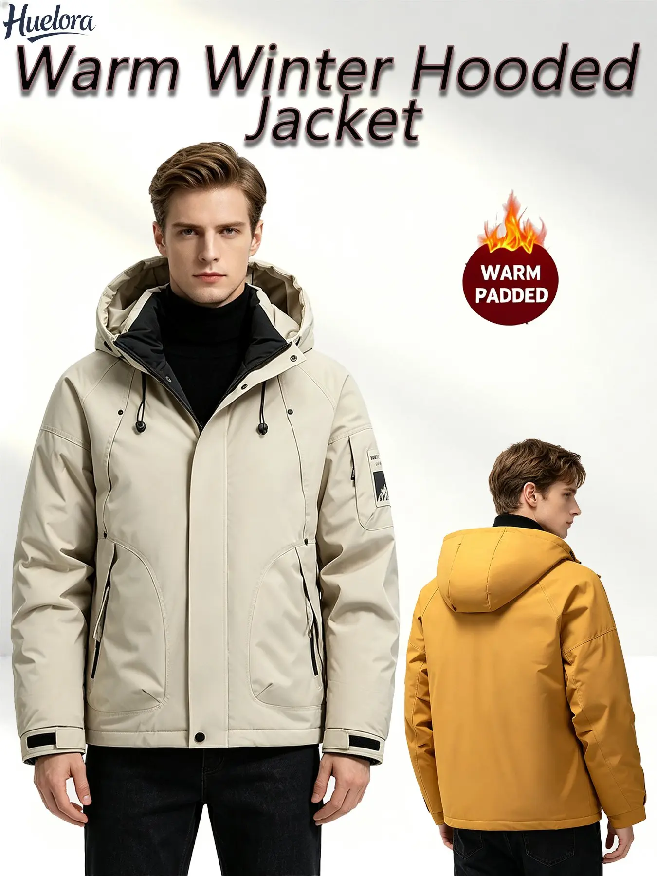 Men Winter Hooded Puffer Jacket Windproof Warm Padded Coat Velcro Cuffs Outdoor Hiking Camping Casual Outerwear 4 Colors