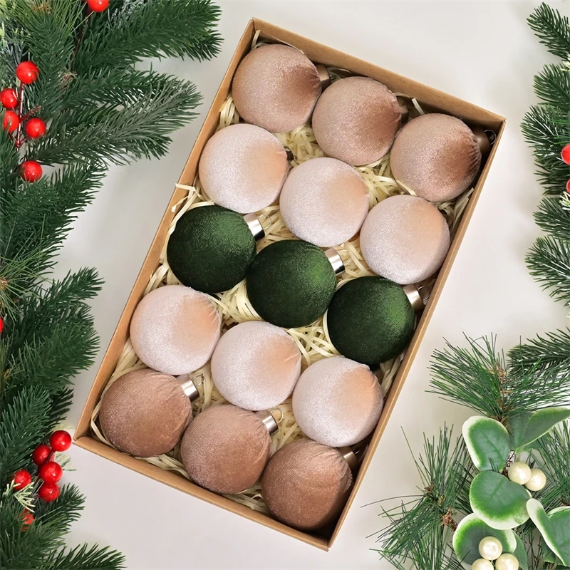 15pcs Velvet Christmas Tree Ornaments 6cm Matte Baubles In Neutral Green Beige Champagne  Nordic Holiday Home Decor