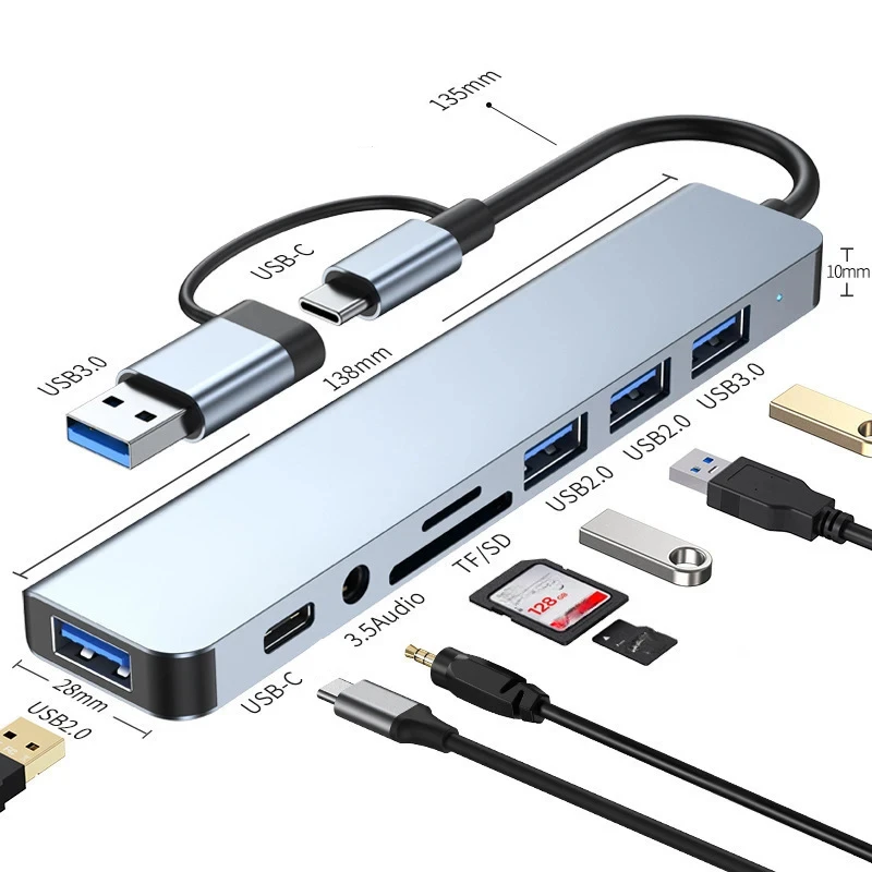 8-in-2 USB Hubs Docking Stations SD/TF Card Reader Type C to USB OTG Adapter For Tablet Mobile Phone Computer