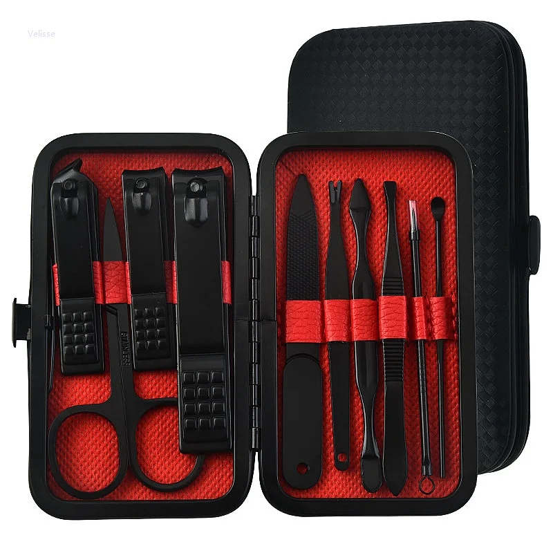 10 Piece Professional Black Nail Clipper Set Manicure Pedicure Tool Kit Nail Cutter Cuticle Scissors Grooming Beauty Gift Case