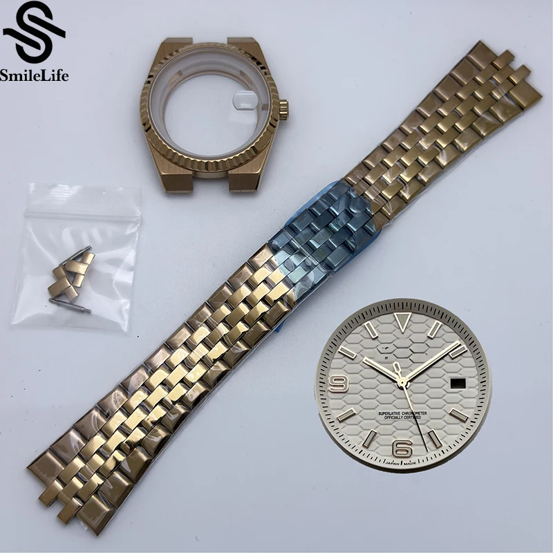 SmileLife 39.5mm Land-Dweller RoseGold Watch Case With Strap With 33.8mm Dial Green Lume Sapphire Glass Fit NH35 Movement