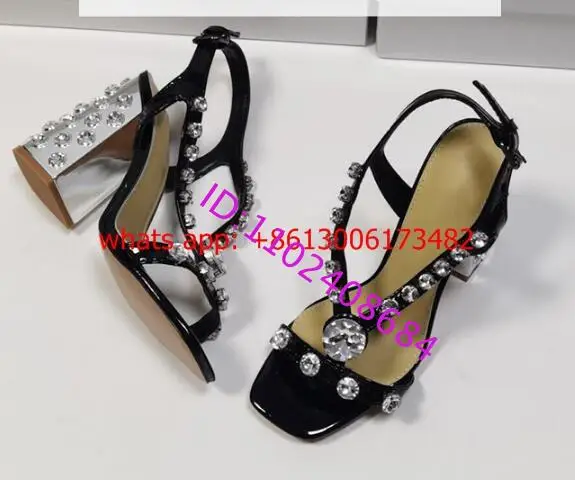 Real Photos Design Brand Woman Diamond Chunky Heel Sandal Open Toe Gold Black Silver Slingback Rhinestones Woman Sandal
