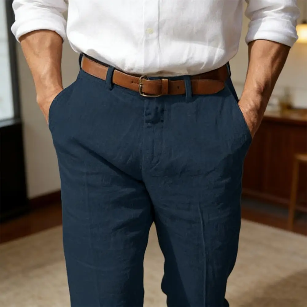 Summer Men Linen Trousers Men Casual Trousers Men's Mid-rise Casual Trousers with Button Zipper Closure Straight Leg for Travel
