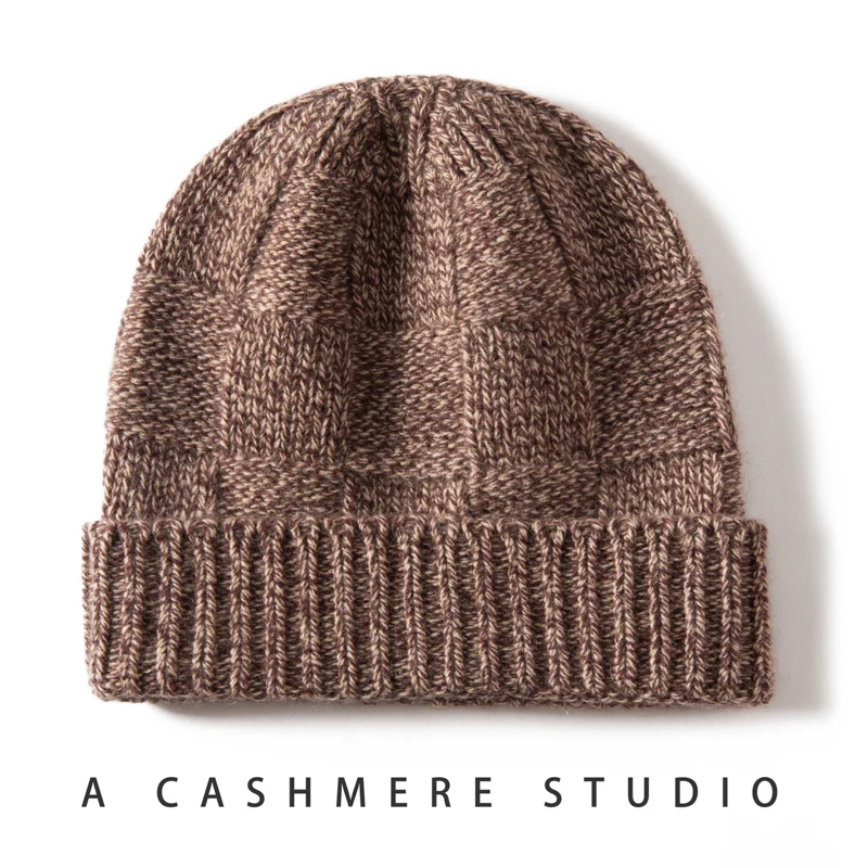 High-quality Unisex Genuine Cashmere Beanie Thick Winter Outdoor Knitted Flanging Hats Men and Women Fashion Flower Yarn Cap