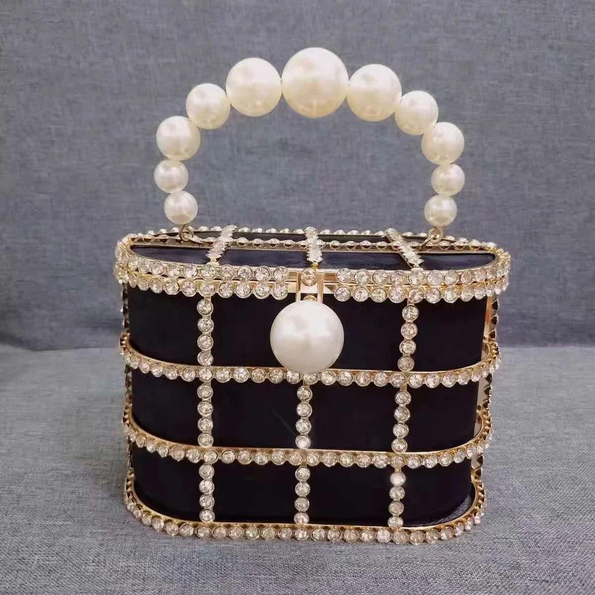Ladies' Red Velvet Boxy Phoenix Handbag with Pearl Handles and Rhinestone Cage Evening Bag, Luxurious Metal Frame Crossbody Bag