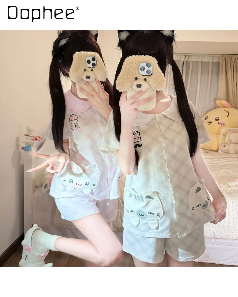 Original sweet cute girl cartoon print kawaii pajama set doll collar top shorts two-piece set loose casual women's loungewear