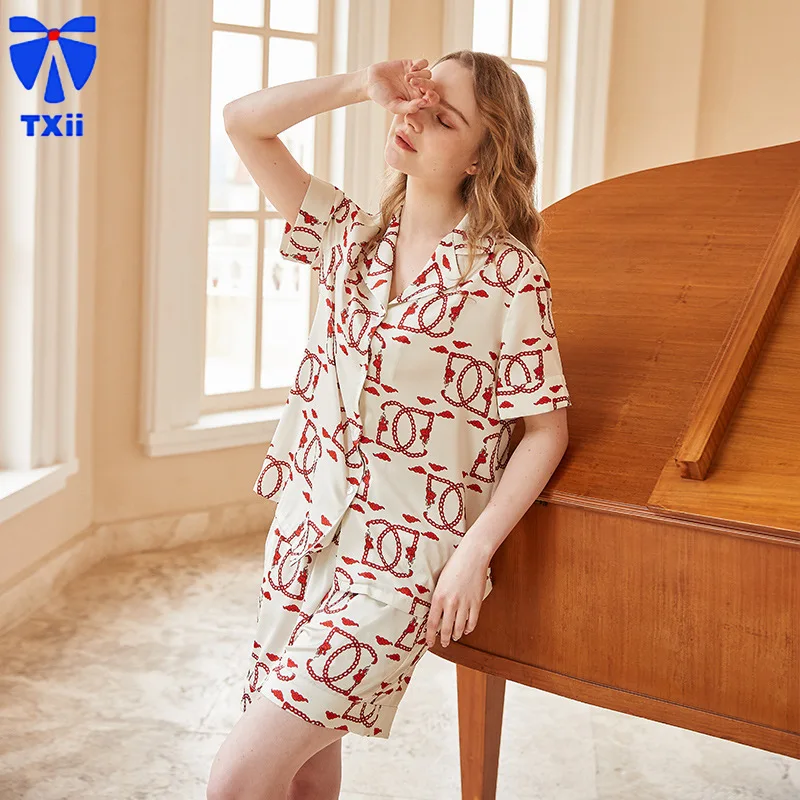 [ Double D-ring ] New Pajamas Women's Summer Short-sleeved Ice Silk suit Sweet Cute Cartoon Home Clothes