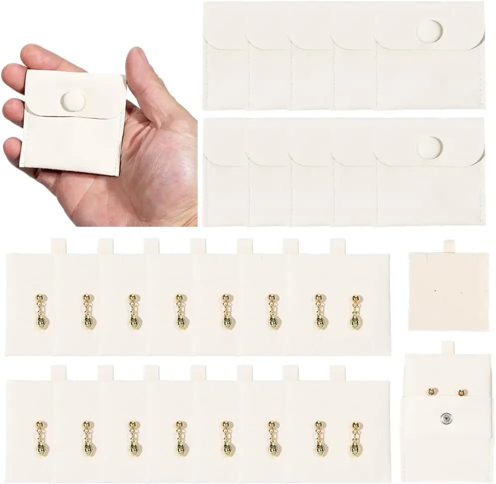 10pcs Small White Jewelry Pouch with Insert Pad and Button Mini Jewellery Pouches Bulk Earring Necklace Bracelet Packaging Bags