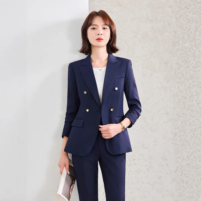 Gray Long Sleeve Small Suit Collar Jacket Women Pants Two Piece Set Autumn Winter New Professional Fashionable Commuting