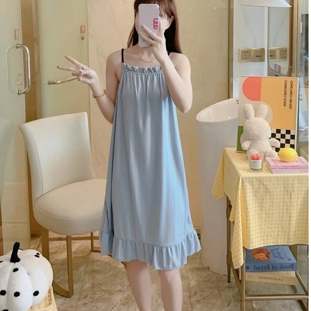 Princess Wind Ruffled Simple Women Nightgown Loose Long Skirt Girl Pajama Dress Sleepwear Sweet Female Sling Nightdress Casual