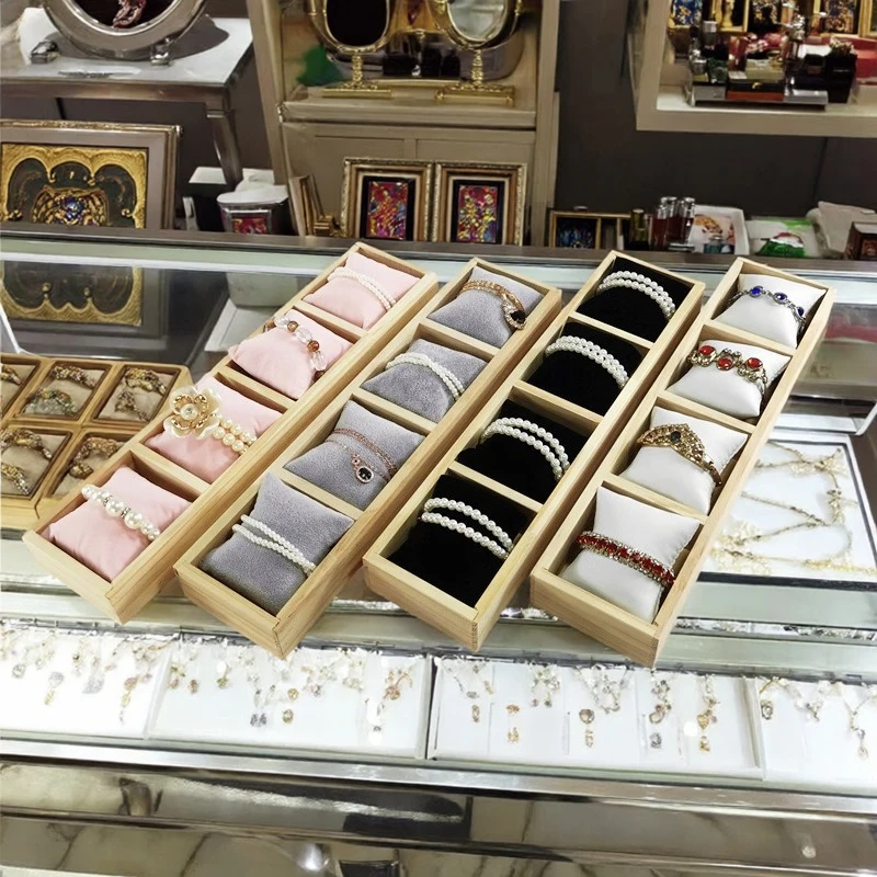 Wooden Velvet Jewelry Bracelet Necklace Stand Display Tray for Stall Selling Real Wood Fabric Pillow Jewelry Organizer