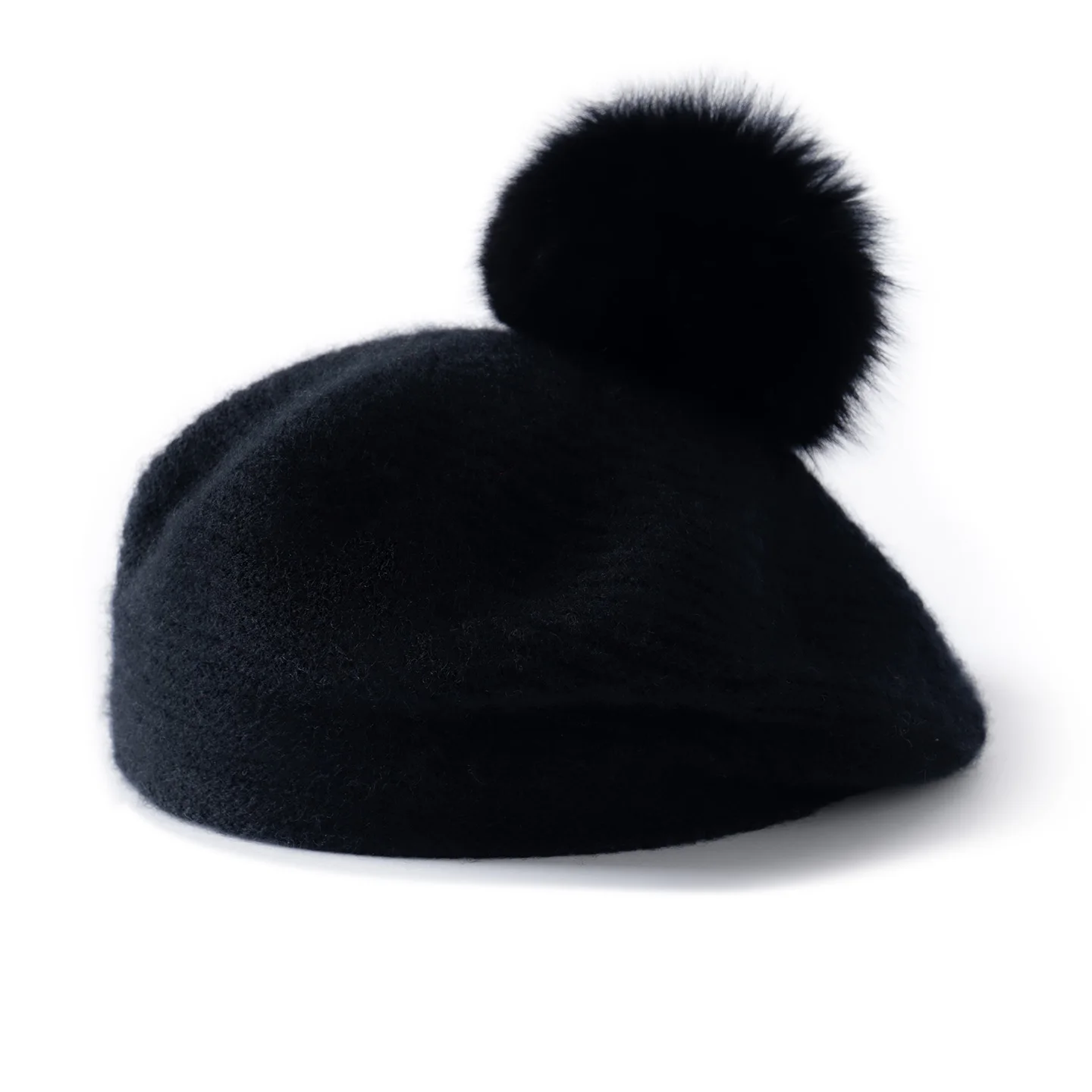 KOIJINSKY 35% Cashmere Knit Beret with Real Fur Pom Pom Soft Ribbed Texture French Style Warm Winter Hat for Women