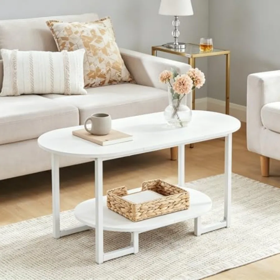 Coffee Table for Living Room, Oval Small Coffee Table with 2-Tier Open Storage Shelf, Industrial Cocktail Tea Table, Wooden Des