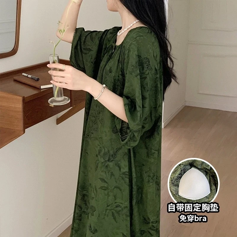 With Chest Pads To Prevent Protrusion Women'S Summer Cotton Silk Nightgown, Artificial Cotton Sleepwear