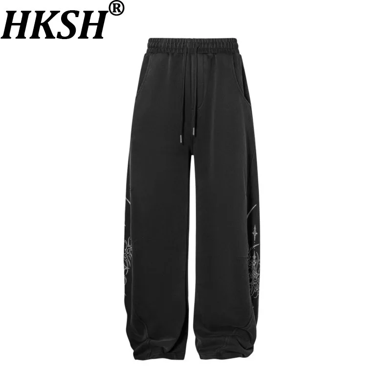 HKSH Men American Hand-Painted Gradient Embroidery Sweatpants Trend Streetwear Loose Straight Casual Pants Elastic Waist HK16390