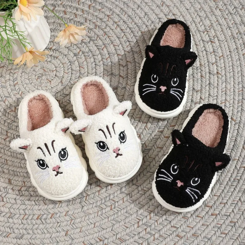 Cute Cat Slippers Fluffy Furry Kids Home Platform Slippers Girls Winter Plush Slides Indoor Fuzzy Slippers Lovely Cotton Shoes