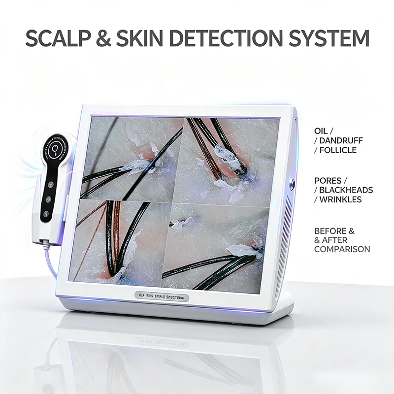 Scalp Skin Analysis Machine Triple Spectrum Lens Detect Clogged Follicle Dandruff Blackhead Acne Pigment 15 Inch HD Display Hair