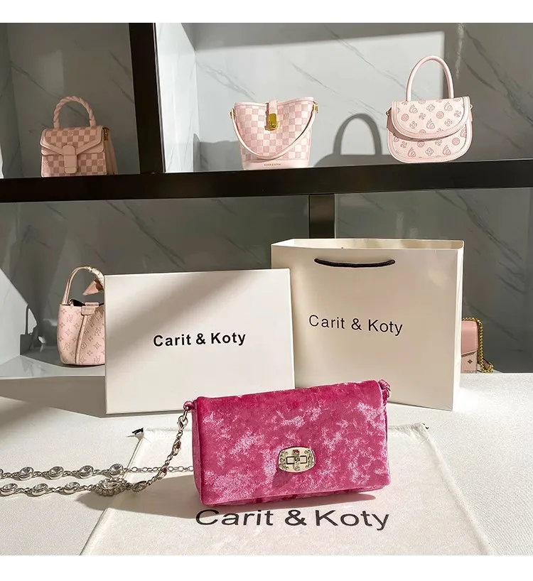 Autumn Velvet Square Bag Women's Handbag Glitter Diamonds Chain Evening Bag Wedding Party Clutch Purse Shoulder Crossbody Bag