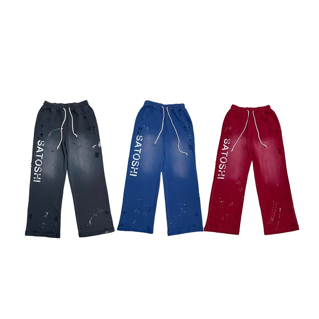 2026 SATOSHI NAKAMOTO Washed Logo Printed Casual Pants Sweatpants Joggers Hiphop Loose Fit Men Ripped Cotton Pants