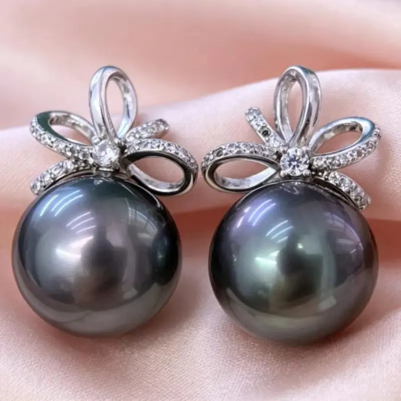 Designer AAA 11-12mm Tahiti round Black Green Pearl Pendant Earrings 925 Sterling Silver Fashion Jewelry Set