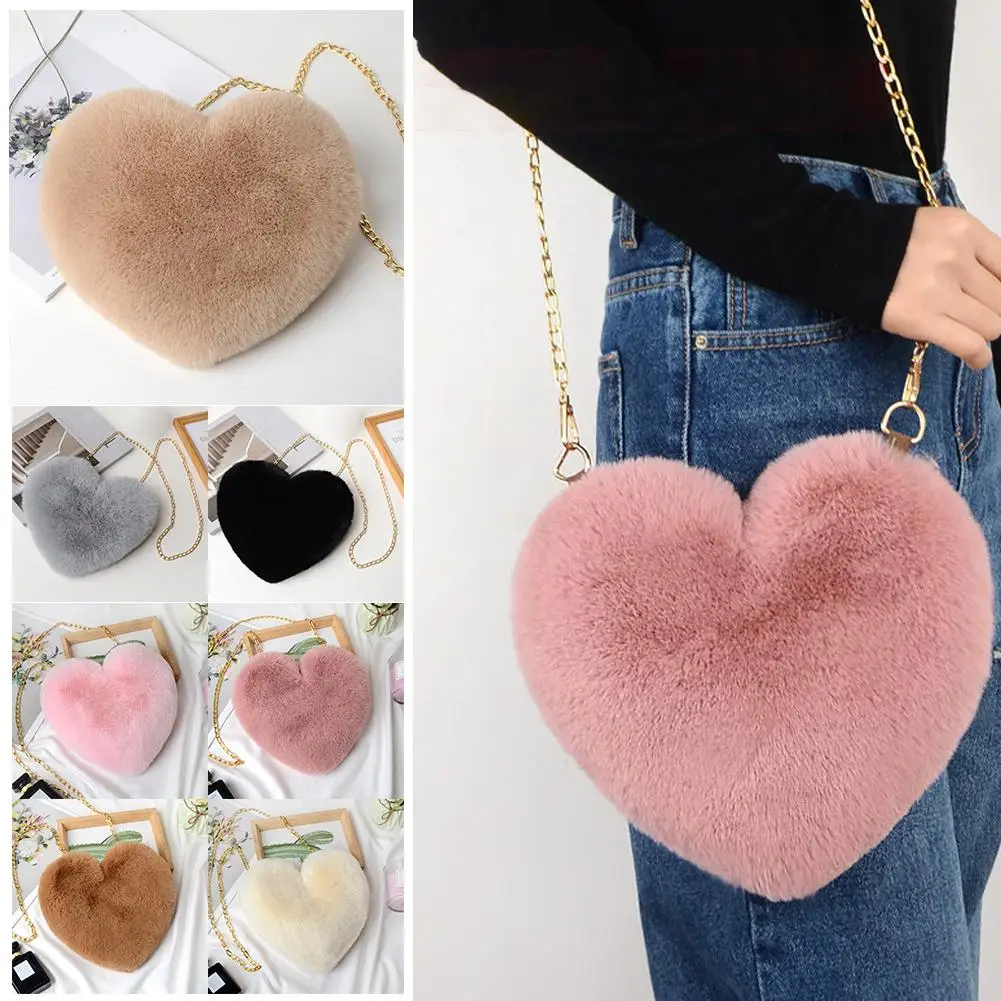 Women Heart Shaped Faux Fur Crossbody Bag Fluffy Plush Chain Shoulder Purse