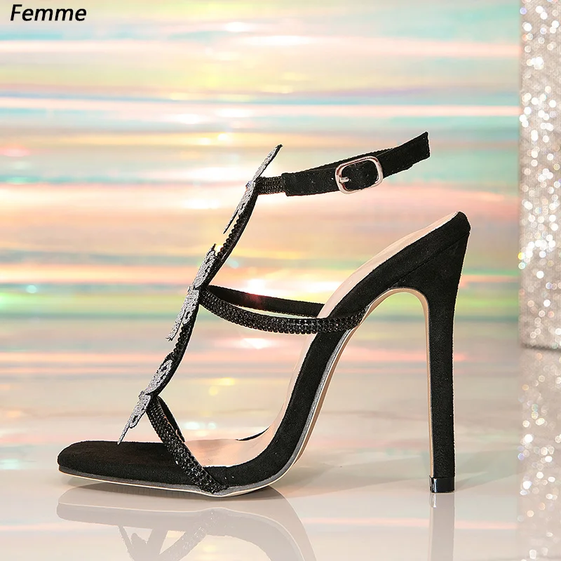 Femme Artisan Crafted Black Rhinestone Embellished Ankle Strap Sandals - Romantic Formal Footwear Size 36-42