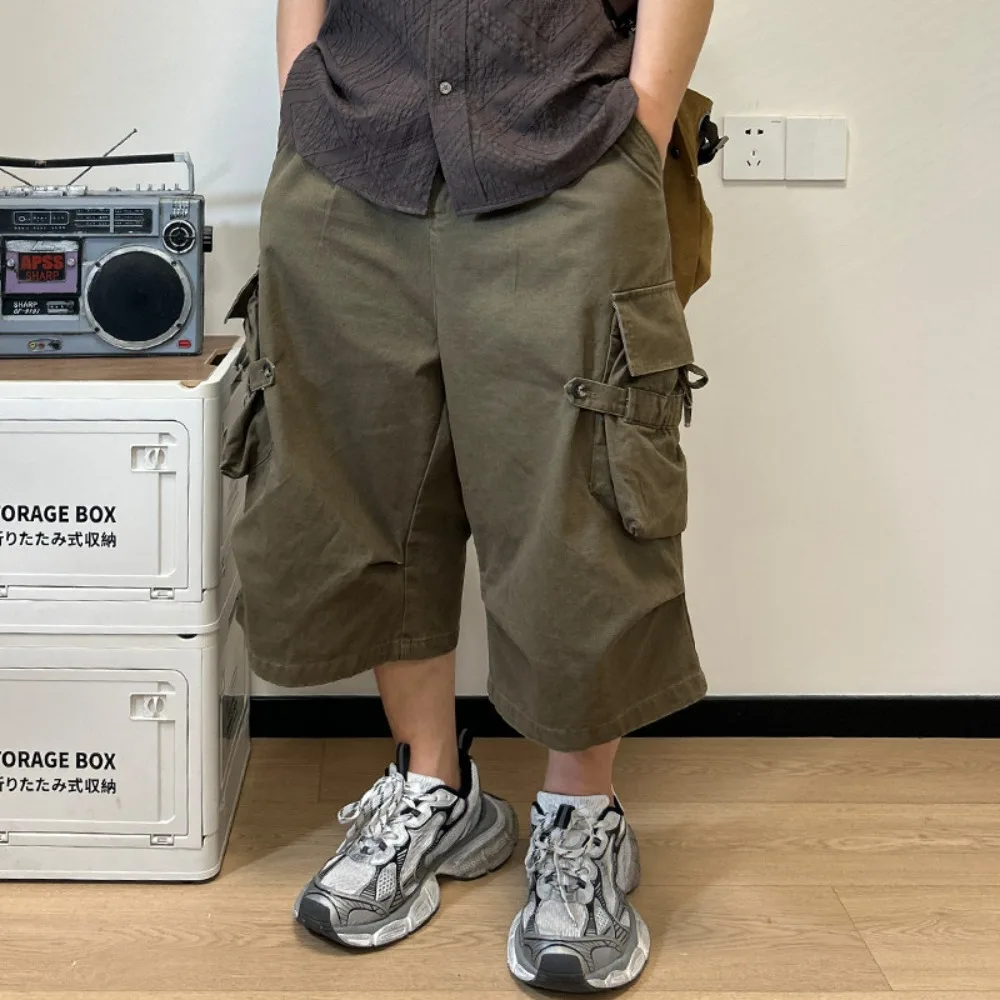 American Retro High Street Washed Loose Wide Leg Shorts for Men Summer Street Fashion Multi Pocket Seven Quarter Pants