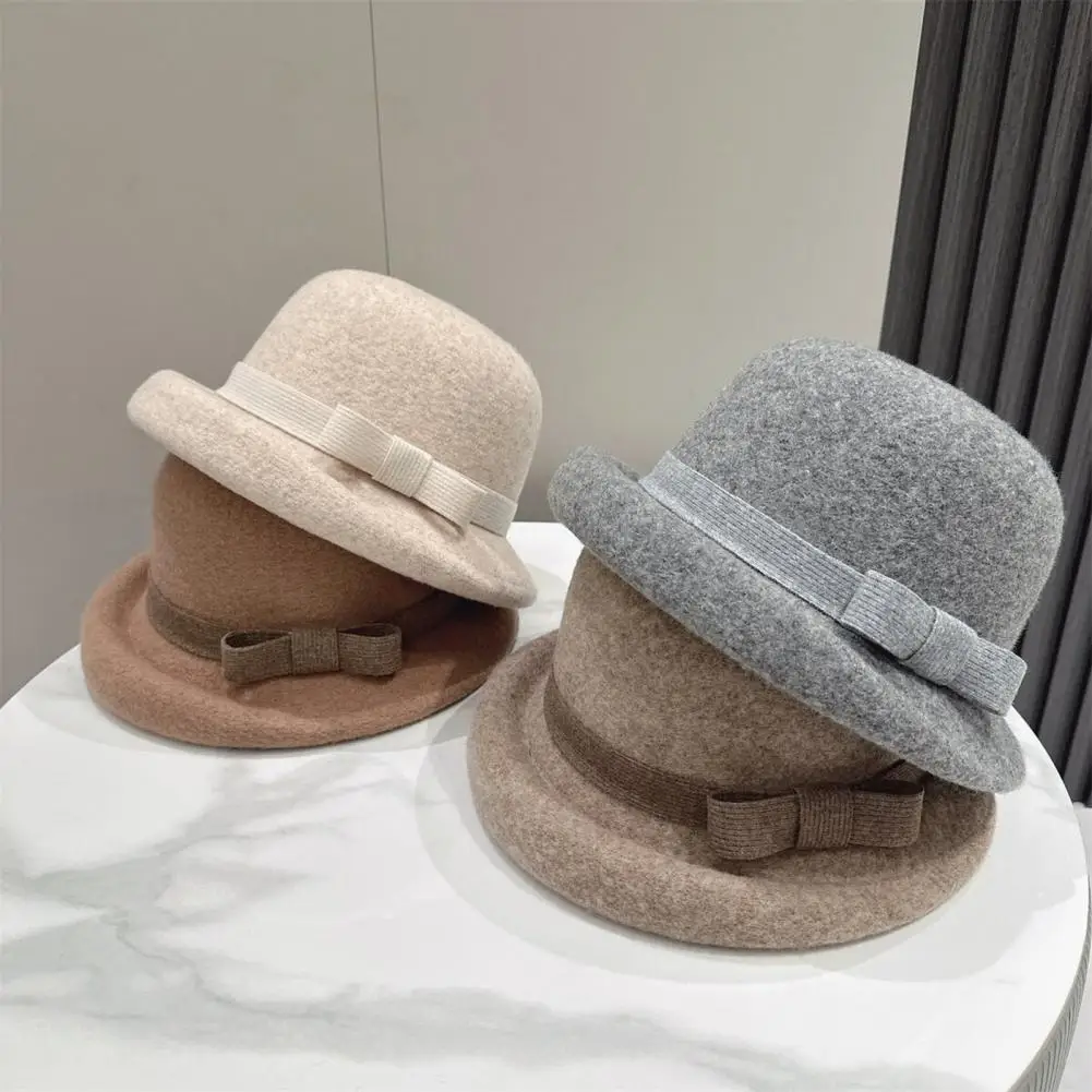 Classic Felt Cloche Hat for Women, Fall Winter Soft Fedora Bucket Hat Vintage Short Brim Bowler Cap with Bow for Daily Wear