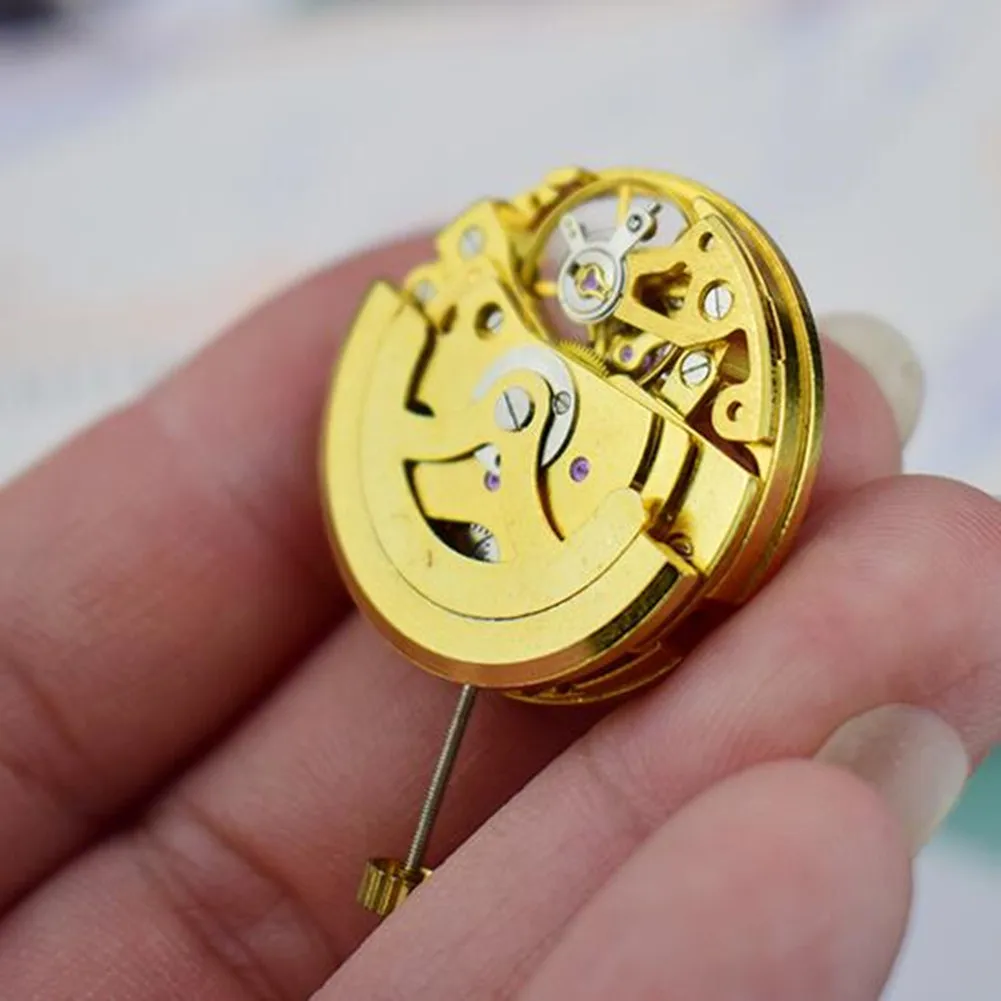 17-Jewels Gold Skeleton 2004 Automatic Movement 3-Hands 2 Time Zones Adjustment Radiation Pattern Mechanical Movement Replace