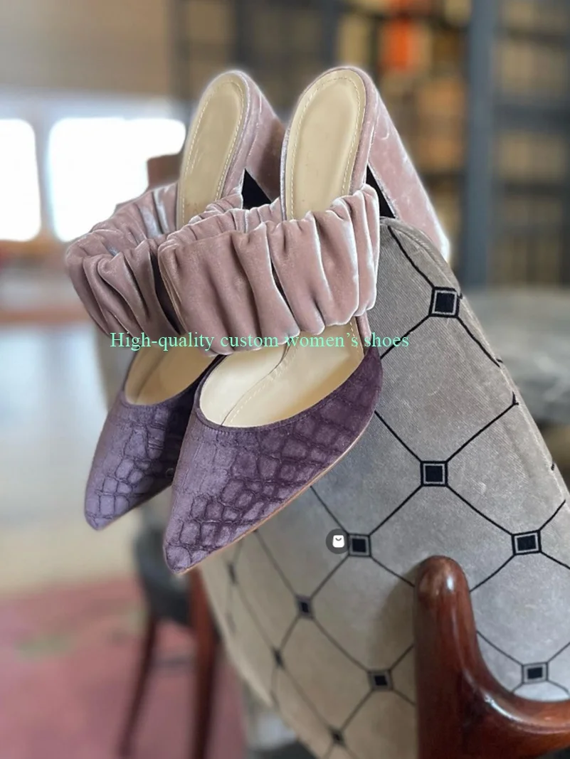 Pink Velvet Fabric Shallow High heel Elastic Band Broadband Connection  Summer Slippers Bestselling Model Luxury Women's Shoes