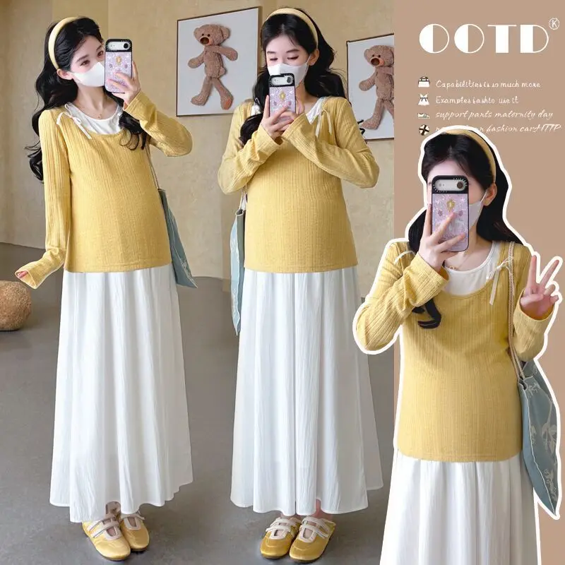 Maternity Suit Spring Autumn 2026 Loose Comfortable Yellow Long Sleeve Top and White Maxi Dress Two Piece Set For Pregnant Women