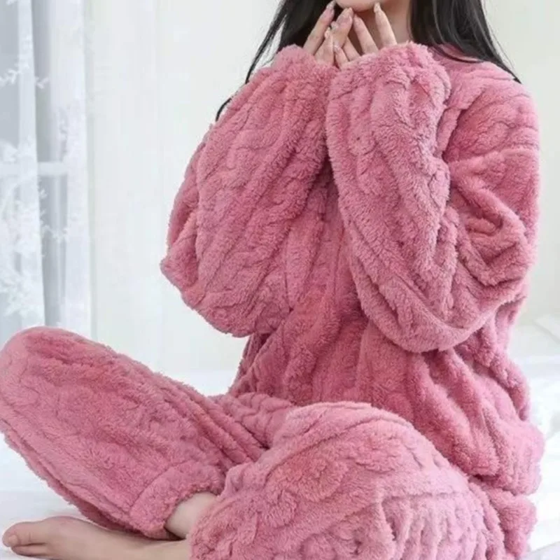 Cute Women's Pajamas Autumn And Winter Coral Fleece Soft  Loose Female Nighty Set Casual Solid Color Comfortable Lady Home Wear
