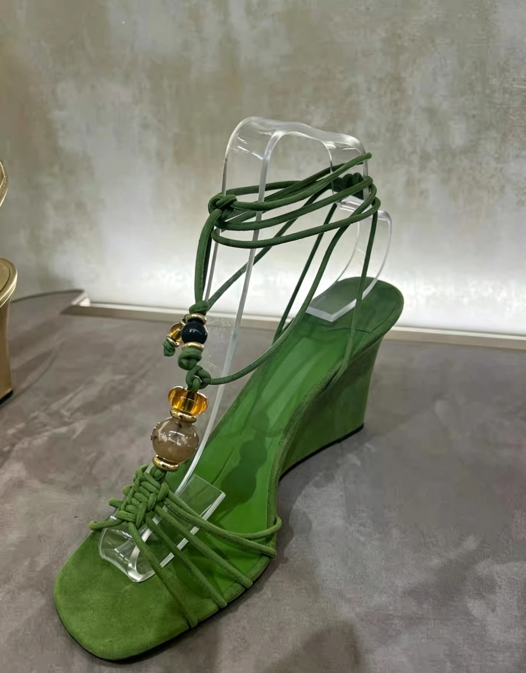 2026 Summer New Women Green Suede Wedge Sandals Beaded Lace Up Square Toe High Heel  Party Casual Comfortable Fashion Sandals