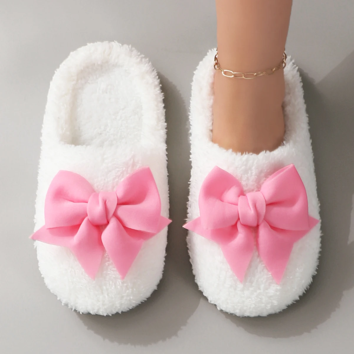 Sweet and Cute Macaron-Colored Large Bow Plush Warm Soft-Soled Women's Home Slippers Floor Socks