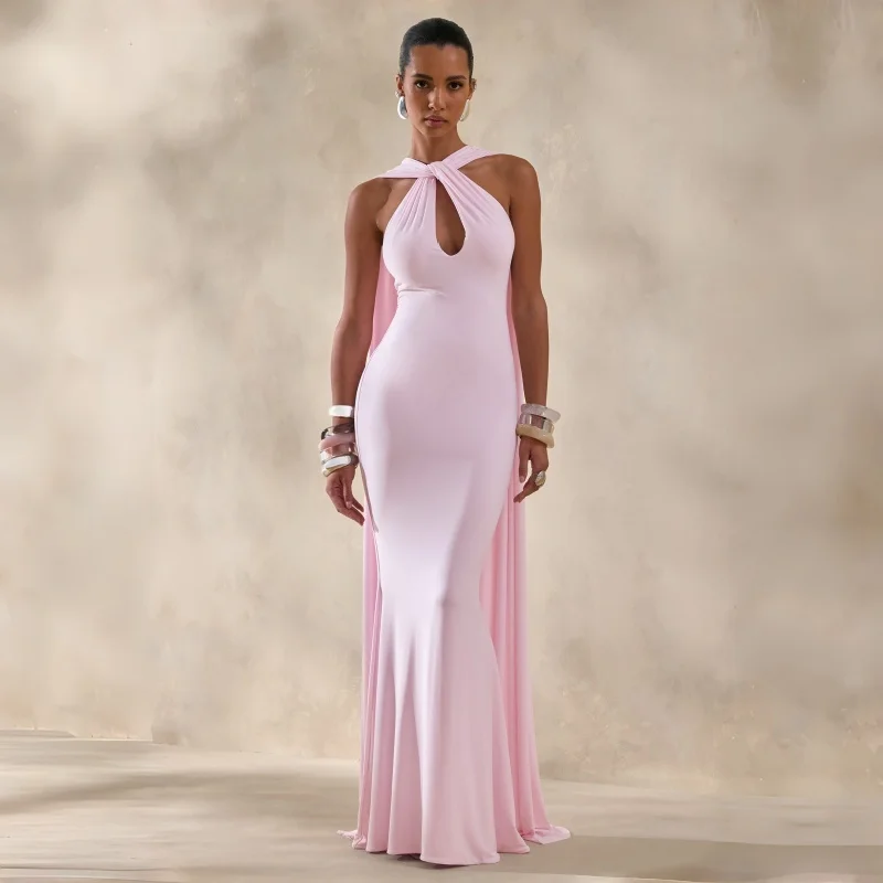 Halter Keyhole Cutout Mermaid Formal Gown Floor-Length Draped Cape Train Evening Dress Elegant Party Dresses Wedding Guest