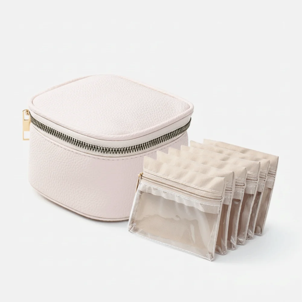Portable Travel Jewelry Box Velvet Pouch PU Leather Earring Storage Case Large Capacity with 6Pcs Small Pouches