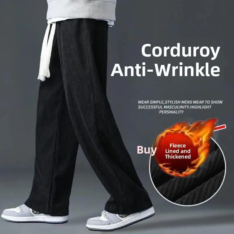 Thickened Fleece Lined Corduroy Casual Pants Men's Spring Autumn Winter Sports Long Trousers Loose Straight Leg Trendy Sweatp...