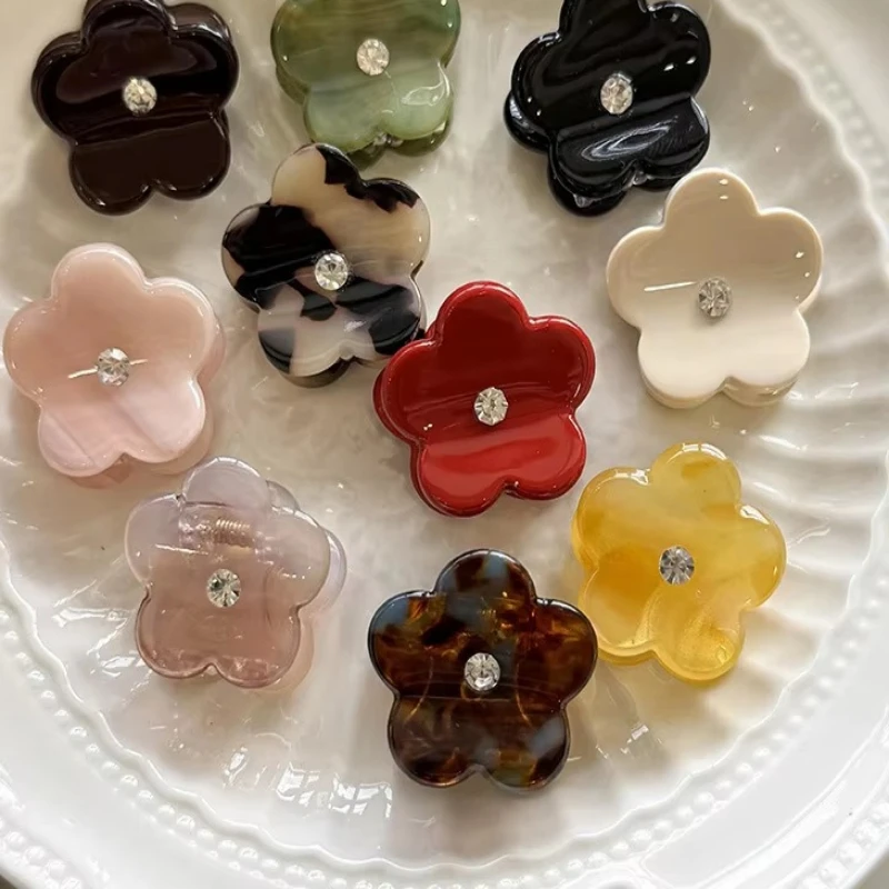 Acetate Rhinestone Flower Sweet Cute Small Hair Claw for Women Side Bangs Clips Diamond Hair Accessory for Girls