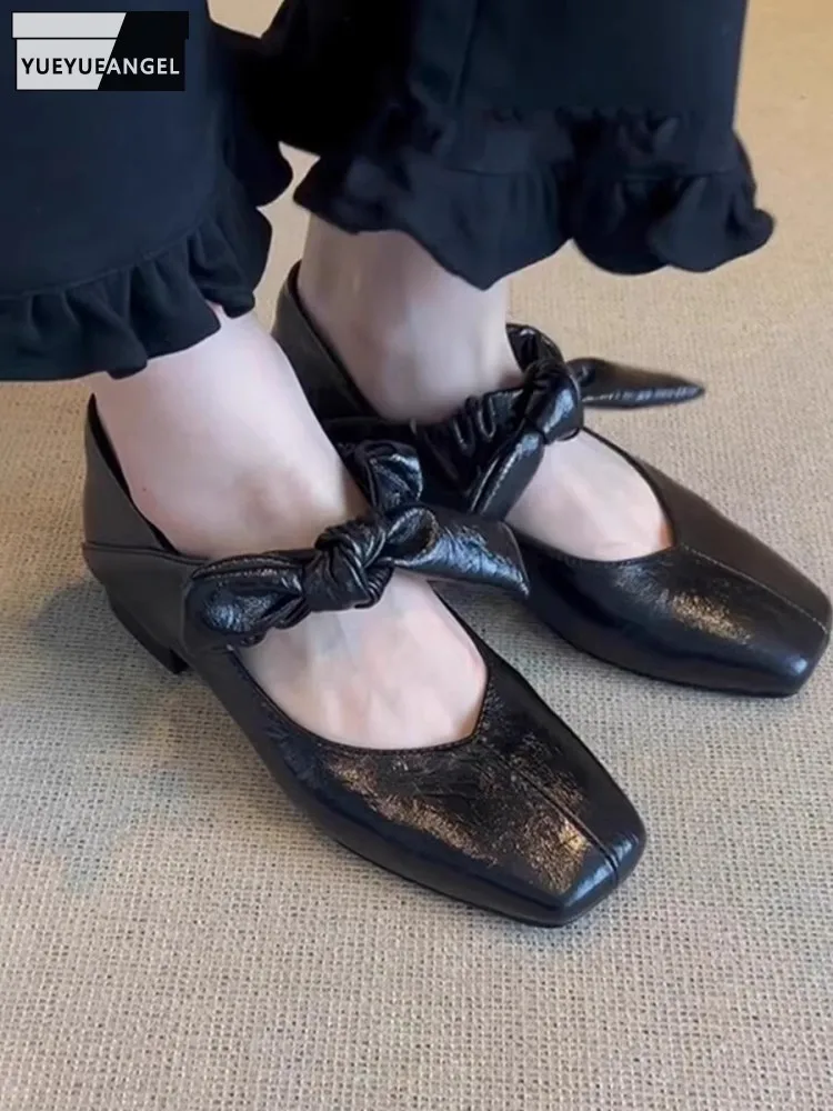 Elegant Women Bowknot Square Toe Pumps Comfortable Low Heels Sweet Ladies Shoes Cow Split Leather Shallow Shoes Slip On Loafers