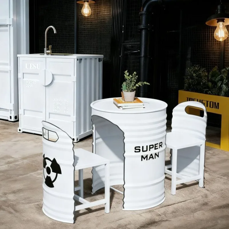 Trendy shop industrial wind oil drum tables and chairs Internet celebrity clock in cafe bar gym reception lounge outside the boo