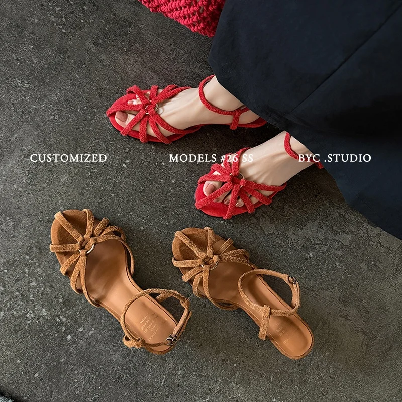 2026 summer women sandals natural leather plus size 22-25.5cm cow suede+sheepskin cross-strap ankle-buckle low heel women shoes