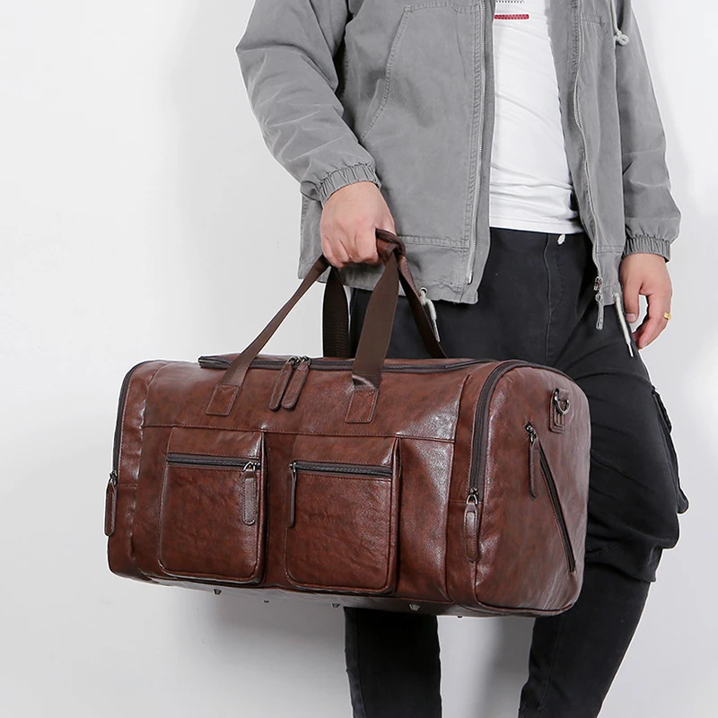 Large Capacity Travel Tote Duffle PU Leather Women Sports Gym Fitness Business Luggage Handbag Shoulder Bag for Man Weekend