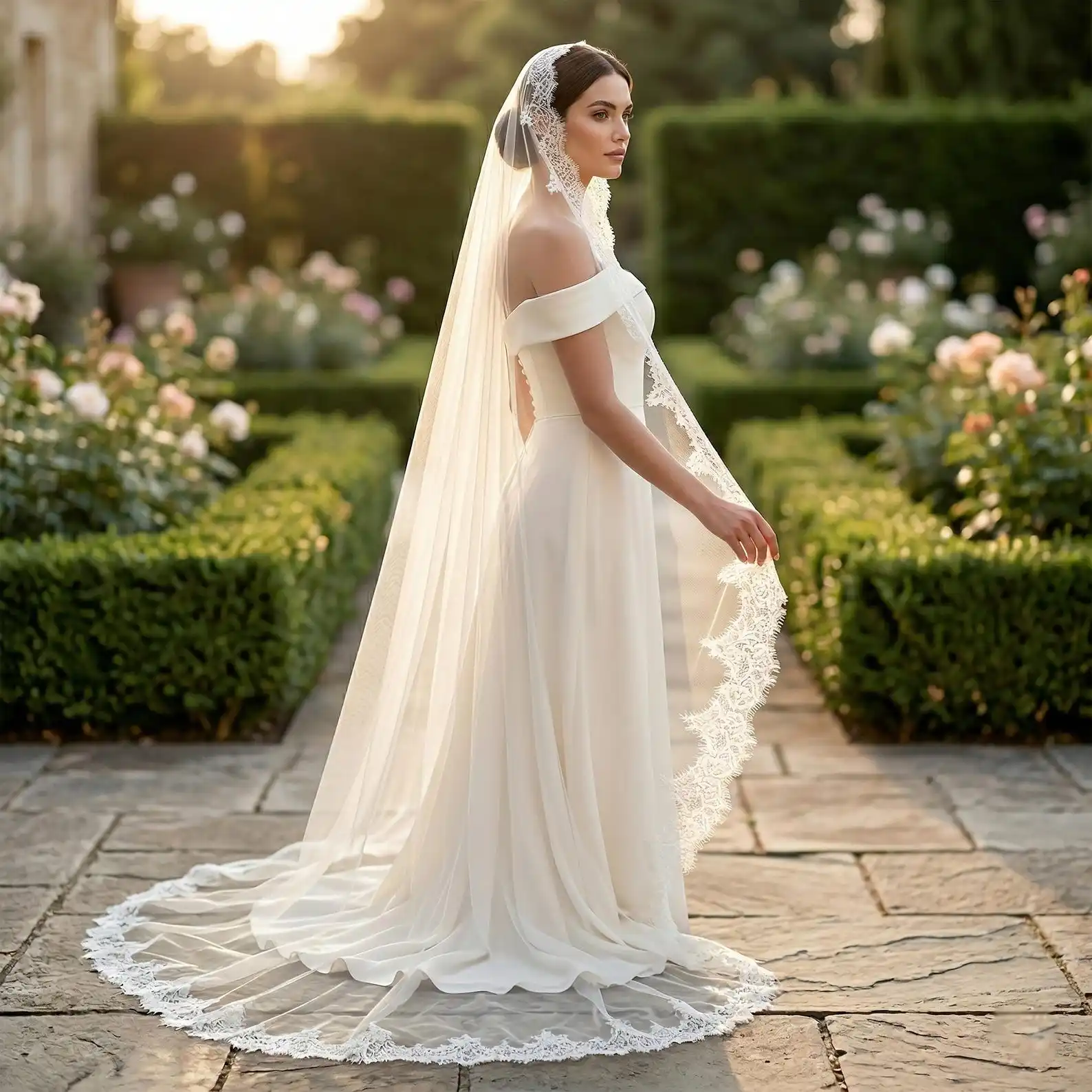 Cathedral Mantilla Wedding Accessories Veil Scalloped Lace Eyelash Bridal Veil Long Soft Tulle Mantilla Lace Edge with Comb