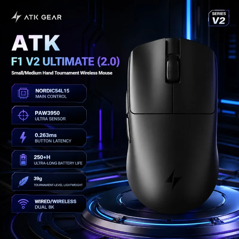 ATK F1 V2 Ultimate Wireless Gaming Mouse PAW3950 Ultra Sensor Dual 8K Polling Rate 39G Lightweight Esports Mouse For FPS MOBA