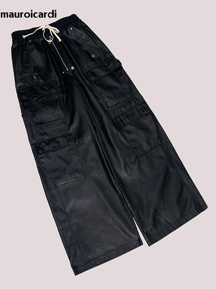 Mauroicardi Spring Autumn Long Black Shiny Pu Leather Wide Leg Pants for Men Drawstring Waist Luxury Designer European Clothes