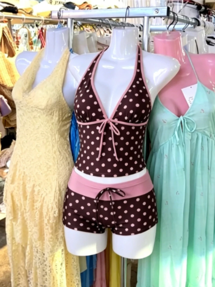 Summer Polka Dot Tankini Swimsuits Female Halter V-Neck Tie Tops Bodycon Two-Piece Suits Trendy Beach Swim Bathing Wear