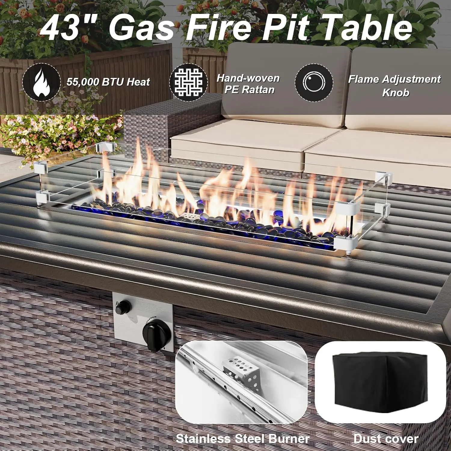 10-Piece Patio Furniture Set w/Fire Pit Table Outdoor Sectional Sofa PE Rattan Conversation Set 8 Cushions, Customized