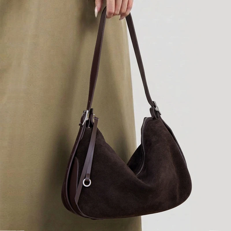 Genuine Suede Cowhide Women Hobo Shoulder Bag Splicing Edge Real Leather Underarm Bag Adjustable Strap Casual Ladies Daily Purse